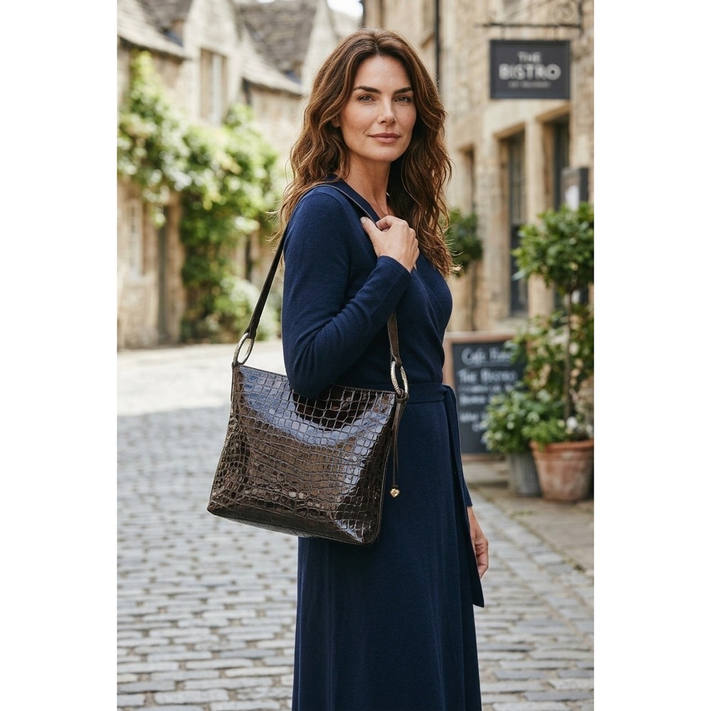 Brighton Cher Bronze Croc Embossed Patent Leather Shoulder Bag H30785